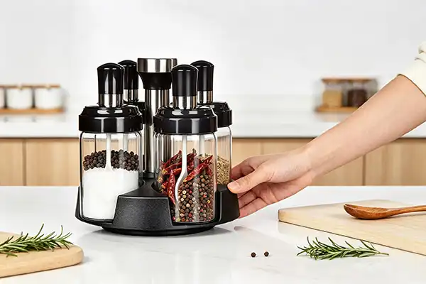 How to organize rotating glass seasoning bottles?